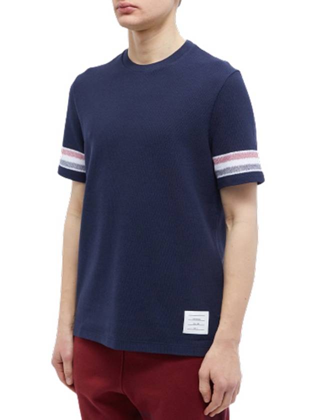 Textured Cotton Stripe Short Sleeve T-Shirt Navy - THOM BROWNE - BALAAN 3