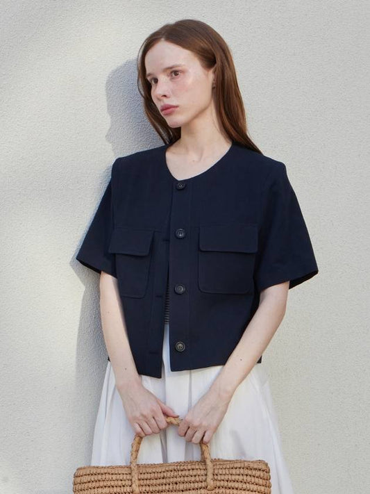 Collarless Linen Crop Jacket Navy - LESEIZIEME - BALAAN 1