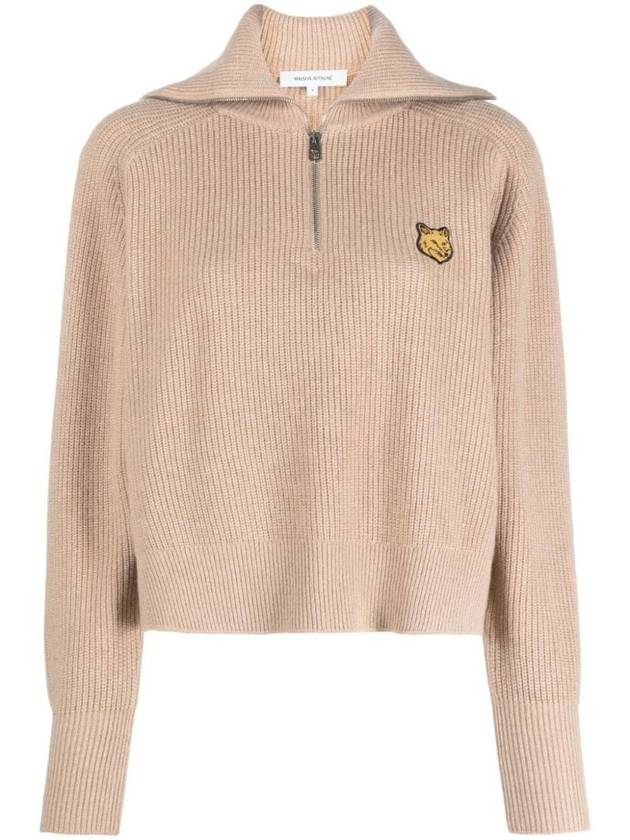 Bold Fox Head Patch Half Zip Knit Top Beige Melange - MAISON KITSUNE - BALAAN 1