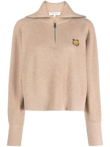 Bold Fox Head Patch Half Zip Knit Top Beige Melange - MAISON KITSUNE - BALAAN 1