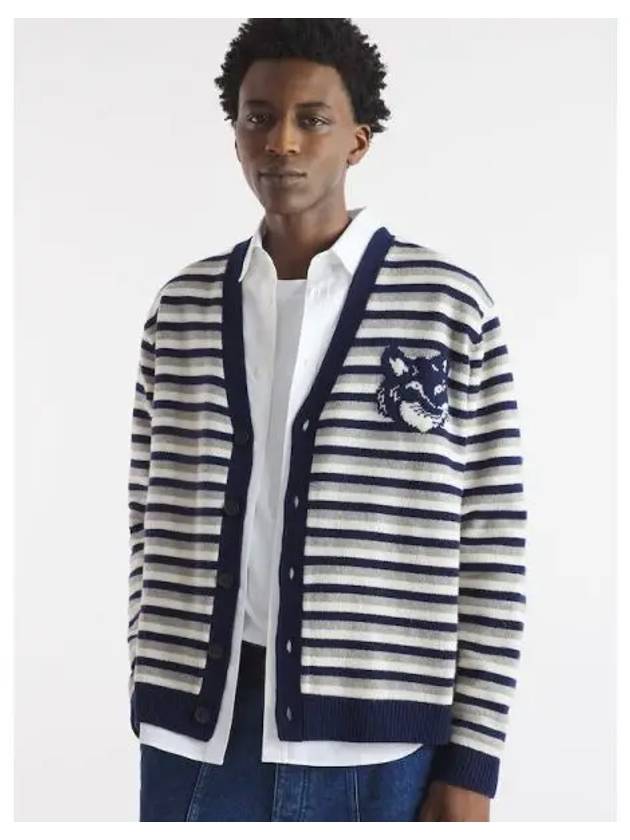 Men s Foxhead Intarsia Stripe Striped Comfort Spring Fall Cardigan Navy White Domestic Product GM0024082339531 - MAISON KITSUNE - BALAAN 1