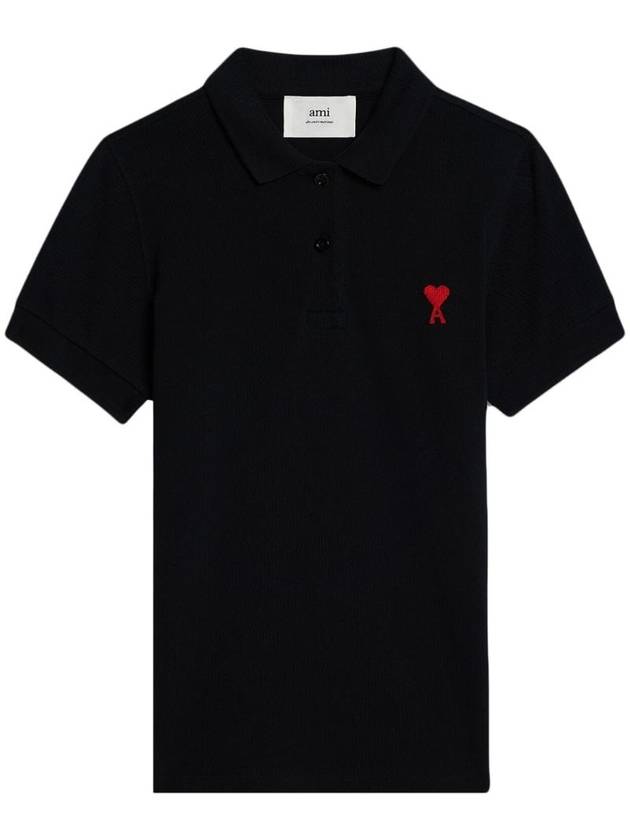 Embroidered Heart Logo Short Sleeve Polo Shirt Black - AMI - BALAAN 1