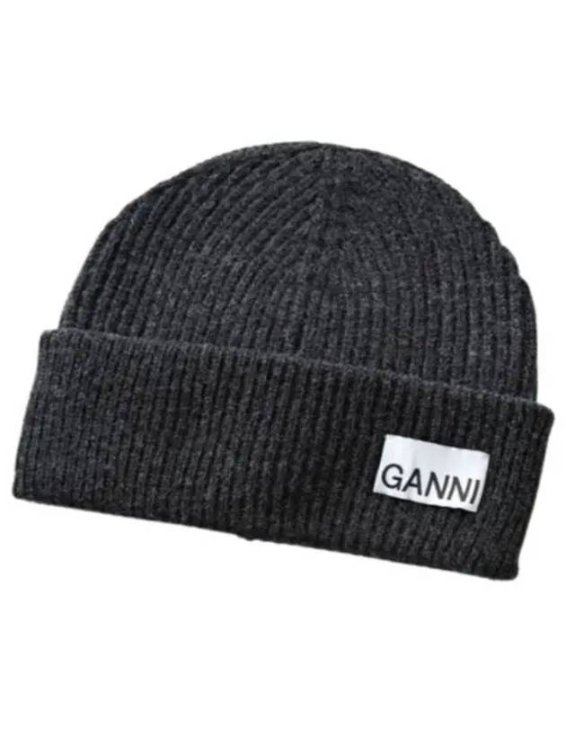 Logo Label Rib Knit Wool Beanie Dark Grey - GANNI - BALAAN 2