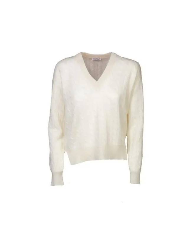 Women's V-neck Cable Knit Top White - BRUNELLO CUCINELLI - BALAAN 2