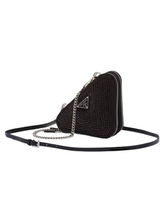 Crystal Triangular Embellished Satin Leather Mini Pouch Black - PRADA - BALAAN 1