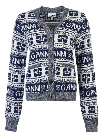 logo wool mix jacquard cardigan blue - GANNI - BALAAN 2