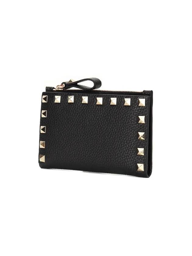 Rockstud Leather Zipper Card Wallet Black - VALENTINO - BALAAN 3