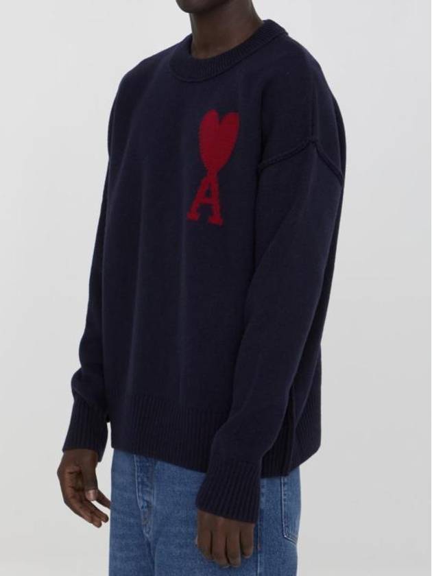 Big Heart Logo Wool Knit Top Navy - AMI - BALAAN 3