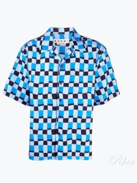 Men's Check Pattern Bowling Short Sleeve Shirt Blue - MARNI - BALAAN.