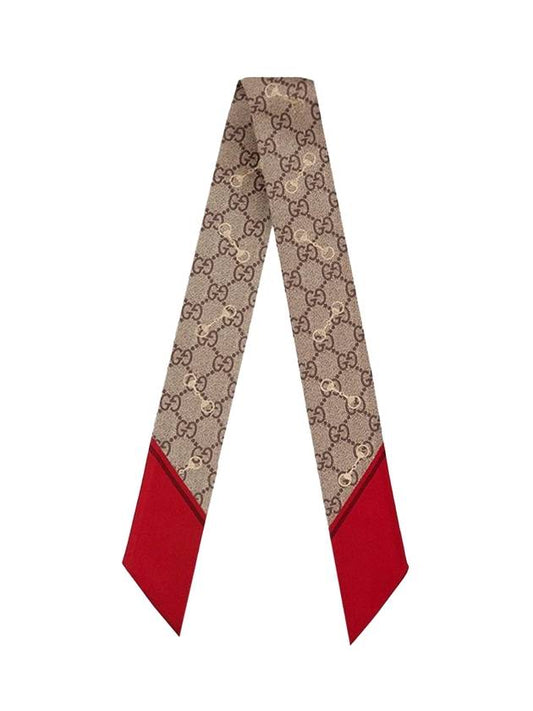 GG Print Horsebit Silk Neck Bow Twilly Scarf Beige Red - GUCCI - BALAAN 1