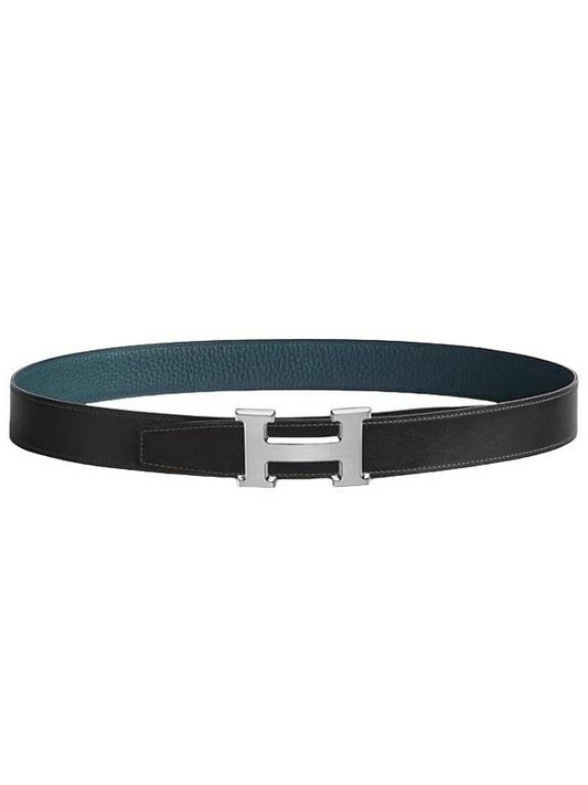 H Buckle Reversible Double Sided 32mm Black Blue 95 Silver Matte Men s Leather Belt H064544CB86 - HERMES - BALAAN 1