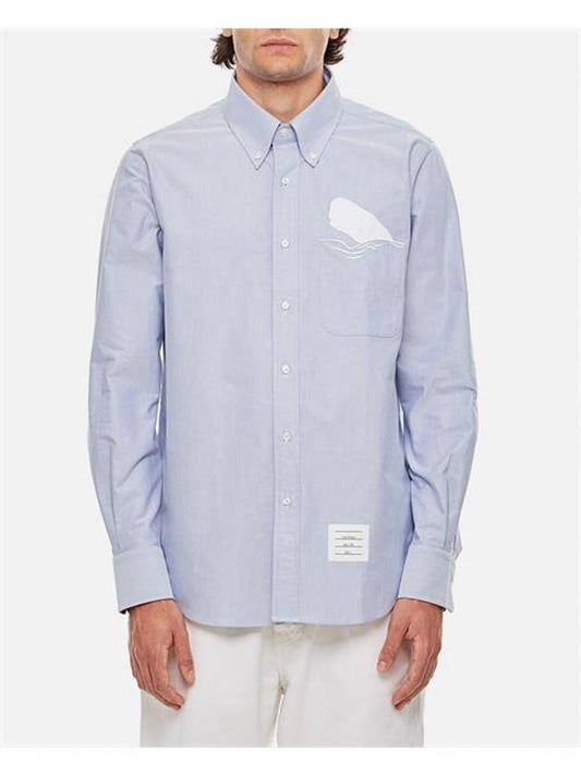 Solid Oxford Embroidered Whale Straight Fit Long Sleeve Shirt Blue - THOM BROWNE - BALAAN 1