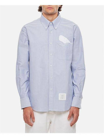 Solid Oxford Embroidered Whale Straight Fit Long Sleeve Shirt Blue - THOM BROWNE - BALAAN 1