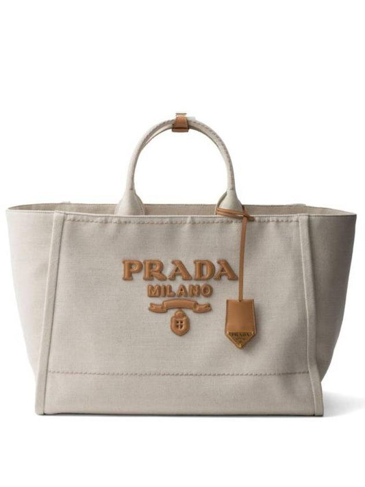 Logo Linen Tote Bag Ivory - PRADA - BALAAN 1