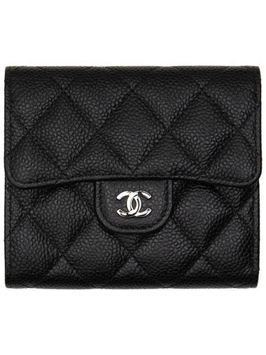 Small Classic Flap Wallet Grained Calfskin Silver Black - CHANEL - BALAAN 1