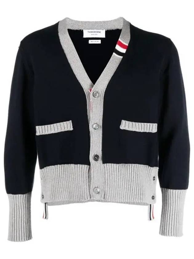 Three Stripe V Neck Cotton Cardigan Navy - THOM BROWNE - BALAAN 2