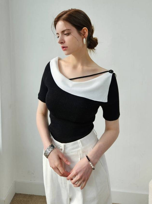 String point feminine collar knit top string point collar Knit top - PRETONE - BALAAN 2