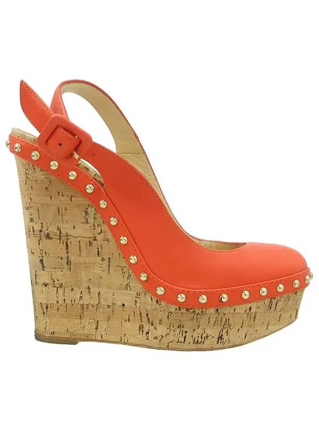 Orange color leather gold metal stud detail wedge slingback women s sandals - CHRISTIAN LOUBOUTIN - BALAAN 3