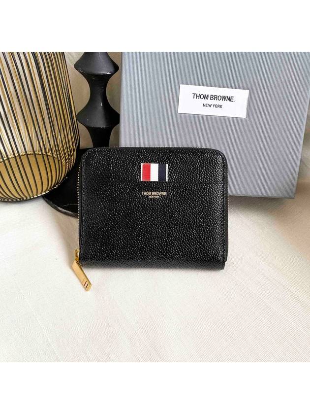 Three Stripes Pebble Grain Zipper Round Half Wallet Black - THOM BROWNE - BALAAN 3