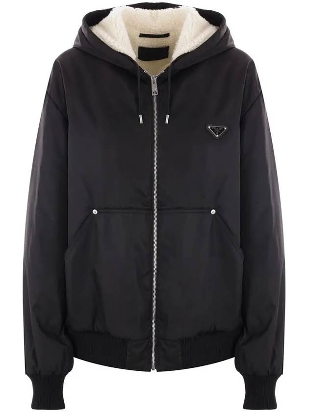 Triangle Logo Re-Nylon Zip Up Hoodie Black - PRADA - BALAAN 2