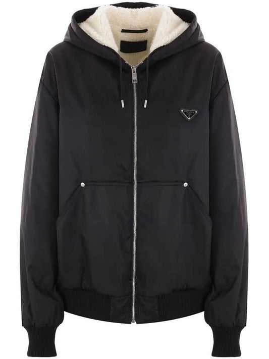 Triangle Logo Re-Nylon Zip Up Hoodie Black - PRADA - BALAAN 2