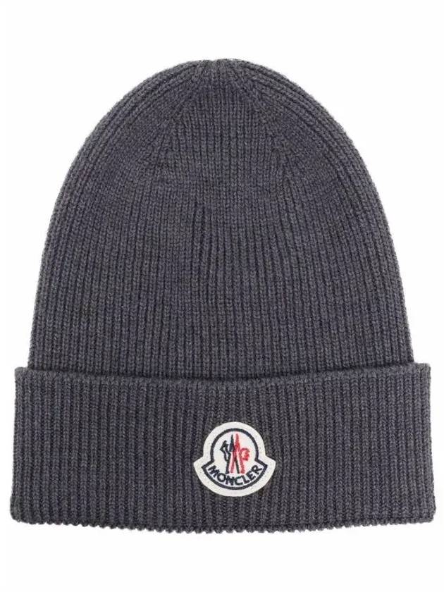 Logo Patch Wool Beanie Grey - MONCLER - BALAAN 2