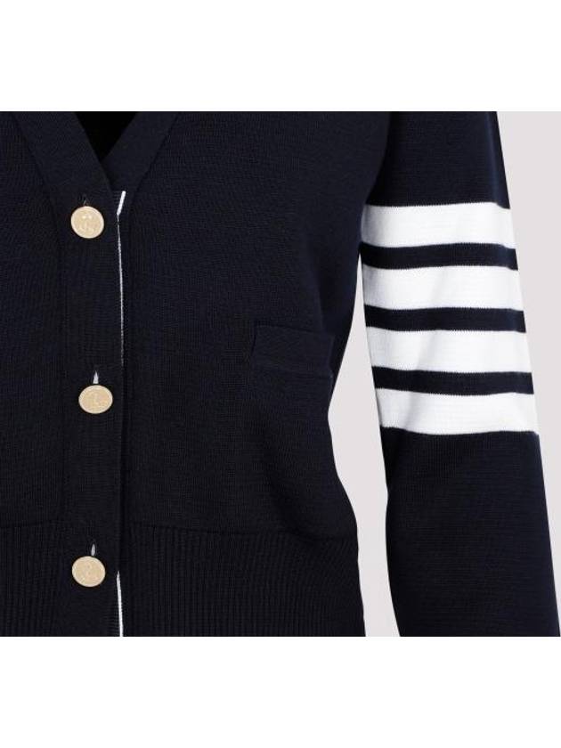 Milano Stitch 4 Bar Classic V Neck Fine Merino Wool Cardigan Navy - THOM BROWNE - BALAAN 5