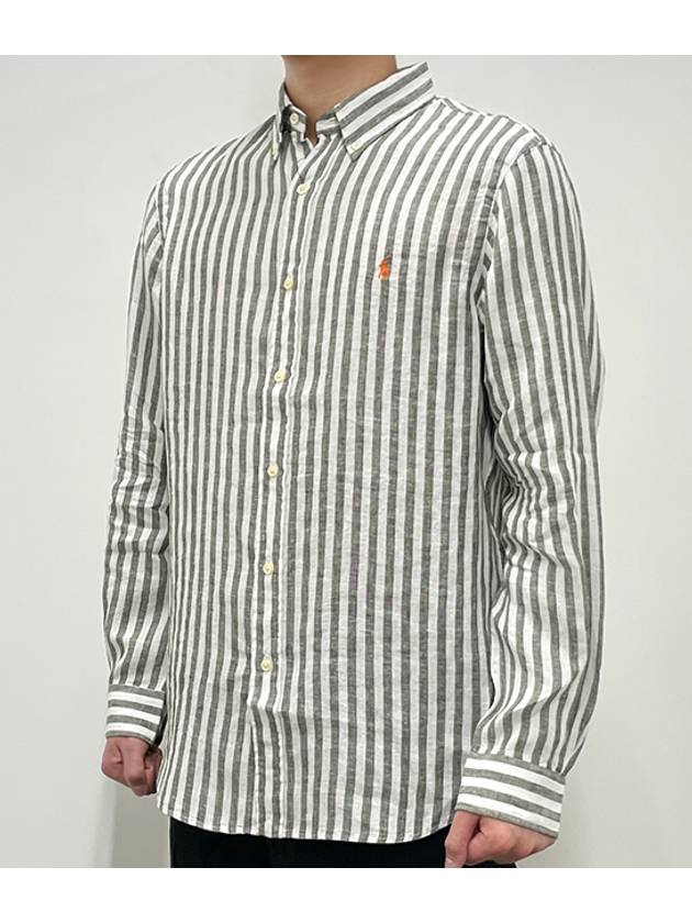 Logo Stripe Linen Long Sleeve Shirt Green - POLO RALPH LAUREN - BALAAN 3