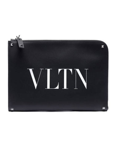 Rockstud VLTN Logo Document Clutch Bag Black - VALENTINO - BALAAN 1