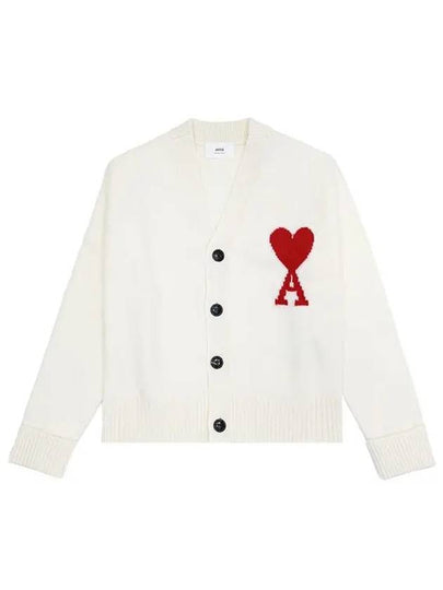 Intarsia Big Heart Logo Oversized Virgin Wool Cardigan White - AMI - BALAAN 2