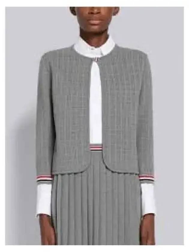 Grid Stitch Pointelle Cropped Crew Neck Cardigan Grey - THOM BROWNE - BALAAN 2