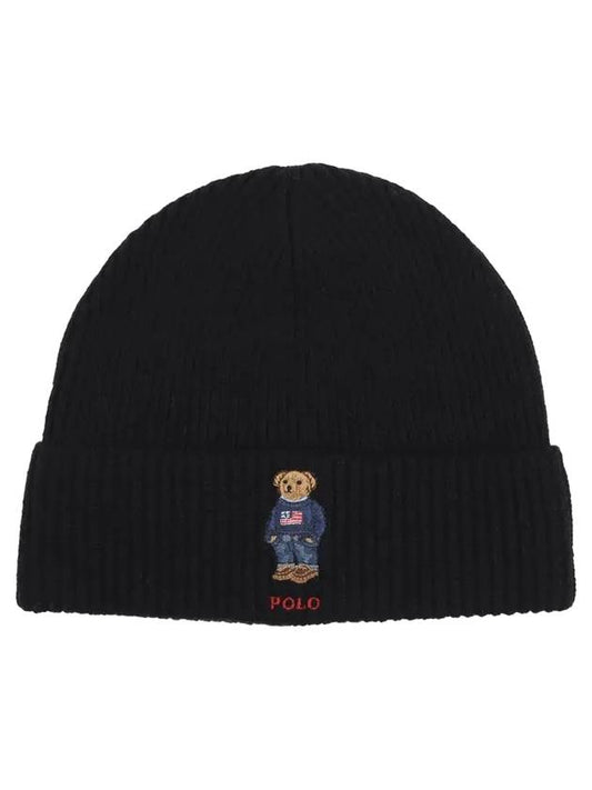 Embroidered Bear Wool Beanie Black - POLO RALPH LAUREN - BALAAN.