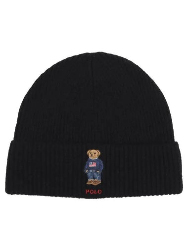 Embroidered Bear Knit Wool Beanie Black - POLO RALPH LAUREN - BALAAN 1