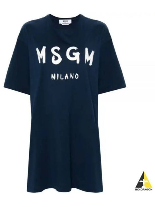 Brushed Logo Short Sleeve Cotton Short Dress Navy - MSGM - BALAAN 2