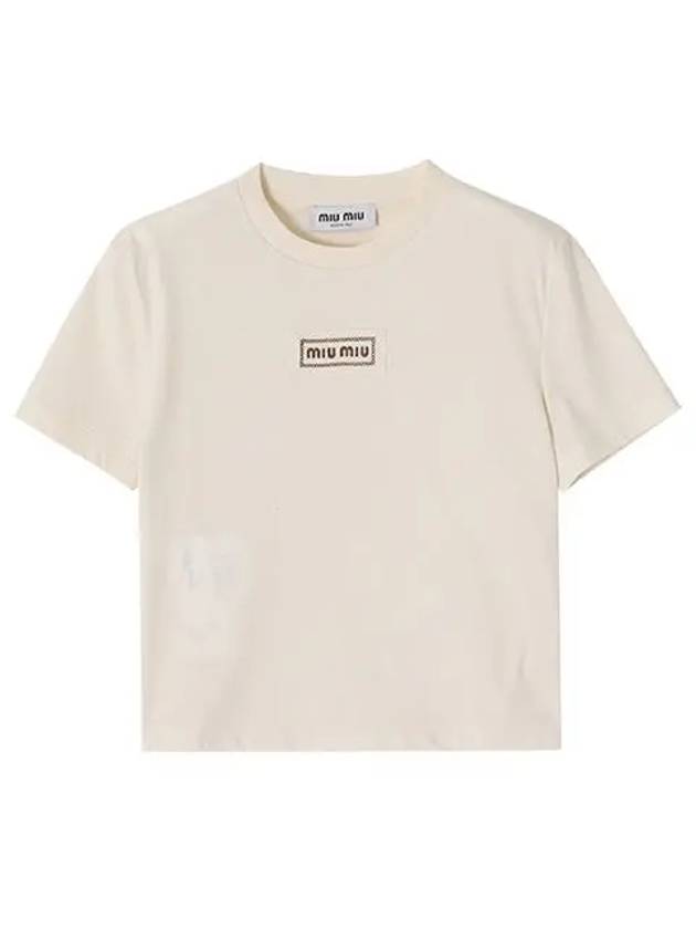 Logo Patch Crop Cotton Short Sleeve T-shirt Light Beige - MIU MIU - BALAAN 5