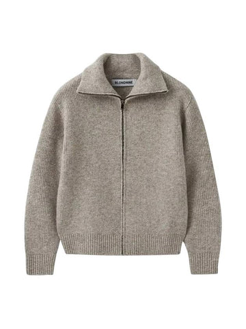 High Neck Wool Blended Rib Knit Zip-up Jacket Light Oatmeal - BLONDNINE - BALAAN 1