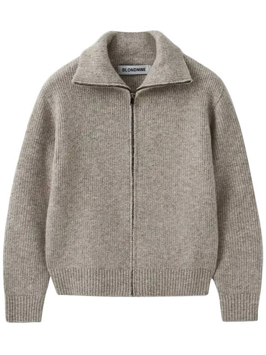 High Neck Wool Blended Rib Knit Zip-up Jacket Light Oatmeal - BLONDNINE - BALAAN 1
