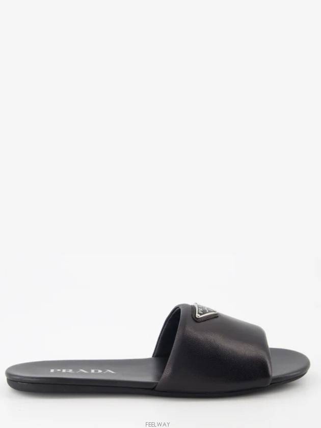 Logo Leather Slide Slippers Black - PRADA - BALAAN 5