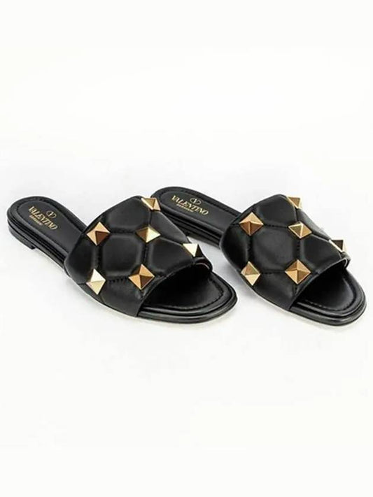 Roman Studded Quilted Nappa Slippers Black - VALENTINO - BALAAN 2