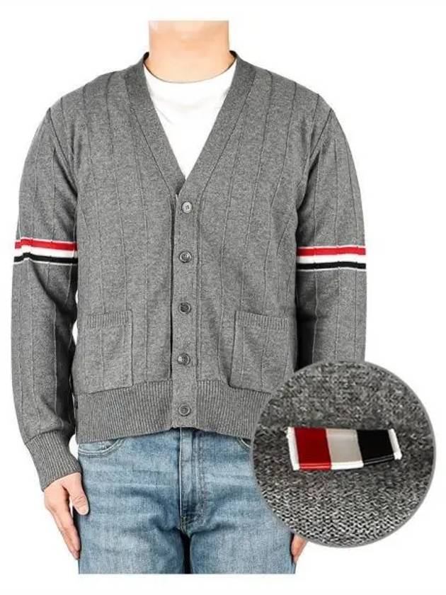 RWB V-neck Striped Virgin Wool Cardigan Grey - THOM BROWNE - BALAAN 2