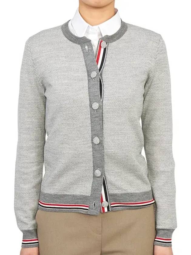 Herringbone Crew Neck Wool Cardigan Light Grey - THOM BROWNE - BALAAN 3