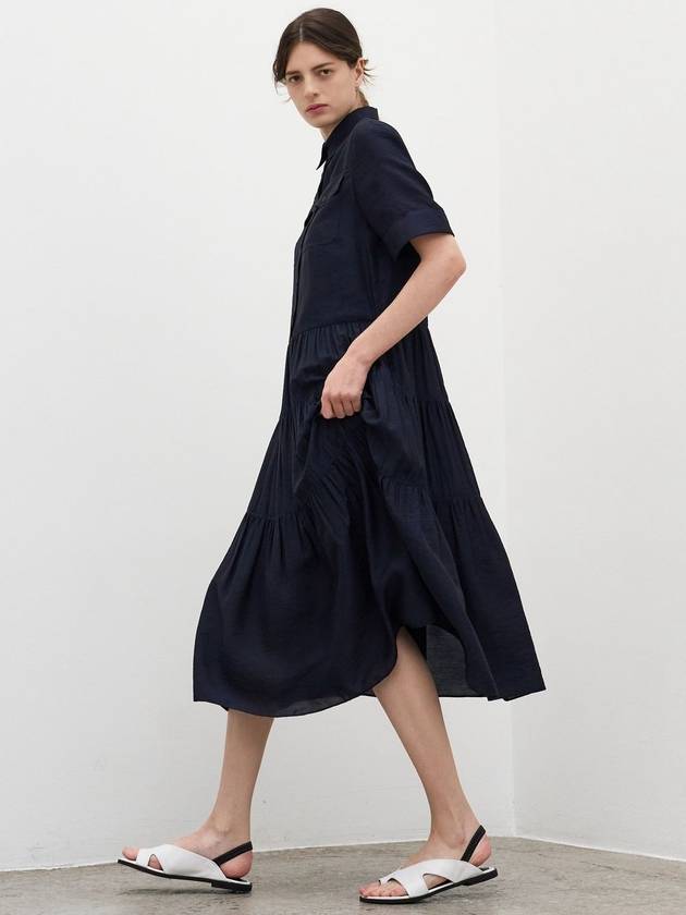 Tiered Shirring Midi Dress Navy - MITTE - 3