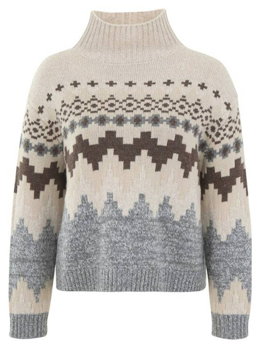 jacquard pattern high neck wool knit top beige - WEEKEND MAX MARA - BALAAN.