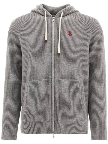 Rib Knit Cashmere Zip-Up Hoodie Light Grey - BRUNELLO CUCINELLI - BALAAN 1