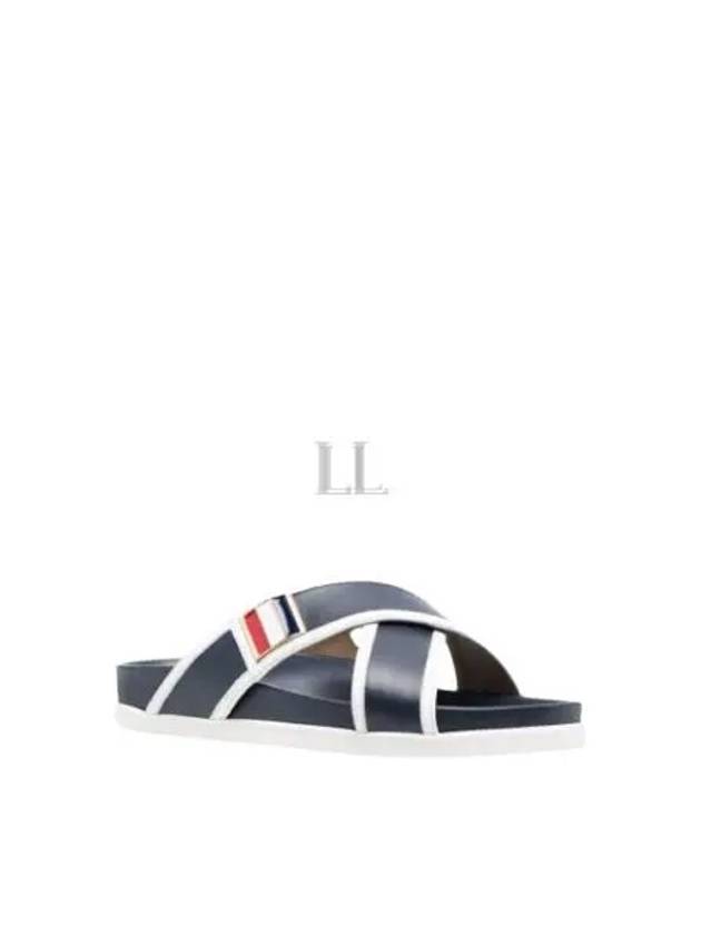 Vitello Calfskin Leather Enamel Buckle Criss Cross Sandal Navy - THOM BROWNE - BALAAN 2