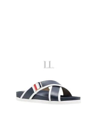 Vitello Calfskin Leather Enamel Buckle Criss Cross Sandal Navy - THOM BROWNE - BALAAN 2