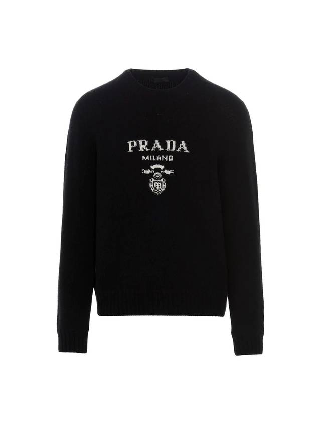 Embroidered Logo Wool Cashmere Crew Neck Knitted Sweater  Black - PRADA - BALAAN 1