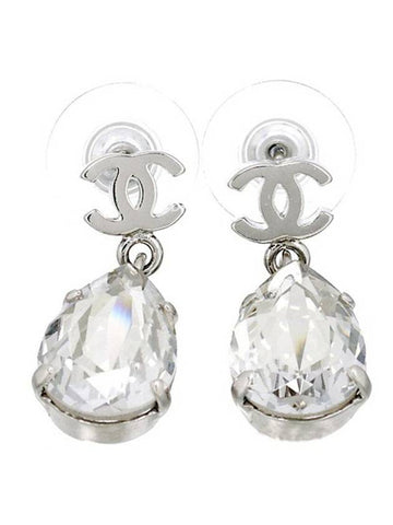 CC Logo Crystal Teardrop Earrings Silver - CHANEL - BALAAN 1