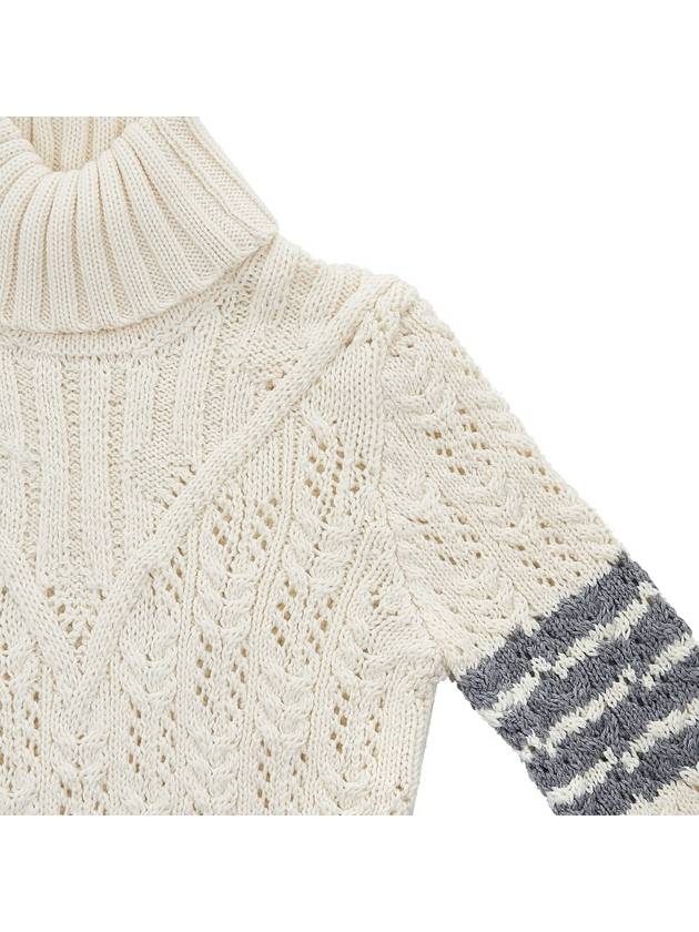 Women's 4 Bar Irish Pointelle Cable Merino Wool Turtleneck White - THOM BROWNE - BALAAN 5