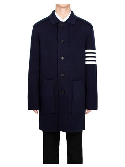 Cotton Cashmere Interlock 4-Bar Polo Collar Overcoat Navy - THOM BROWNE - BALAAN 2